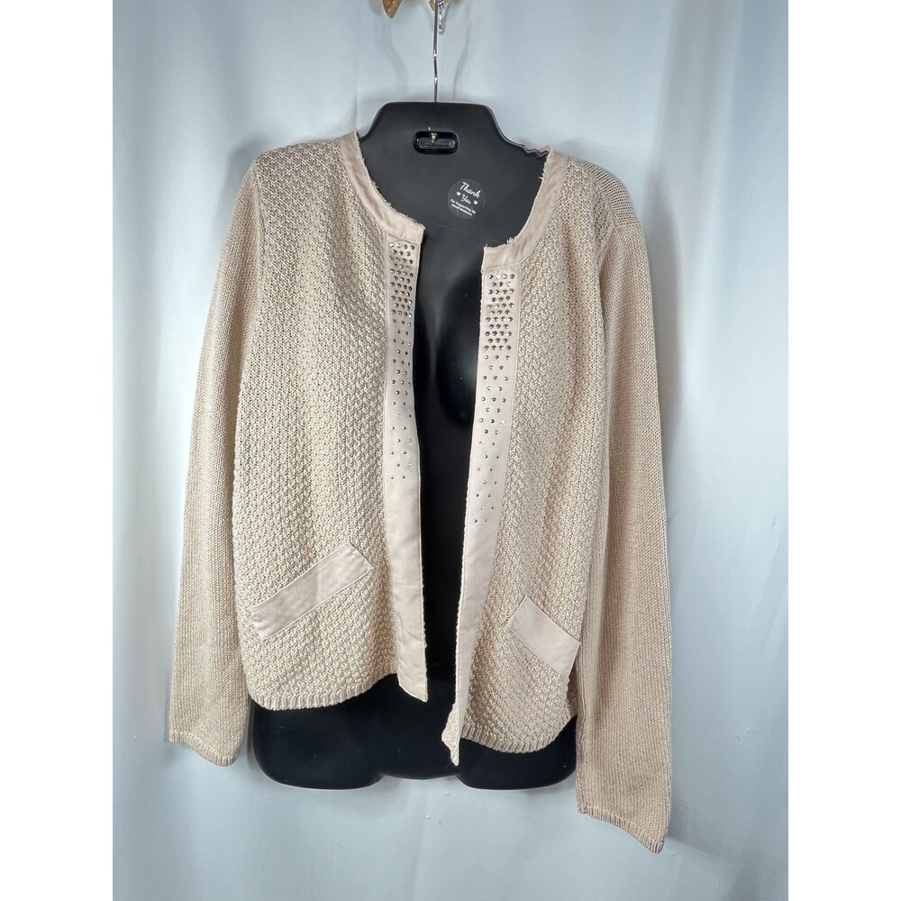 Chico's Sweater Cardigan Womens M 1 Beige Studded Mixed Stitch Knit Open Front